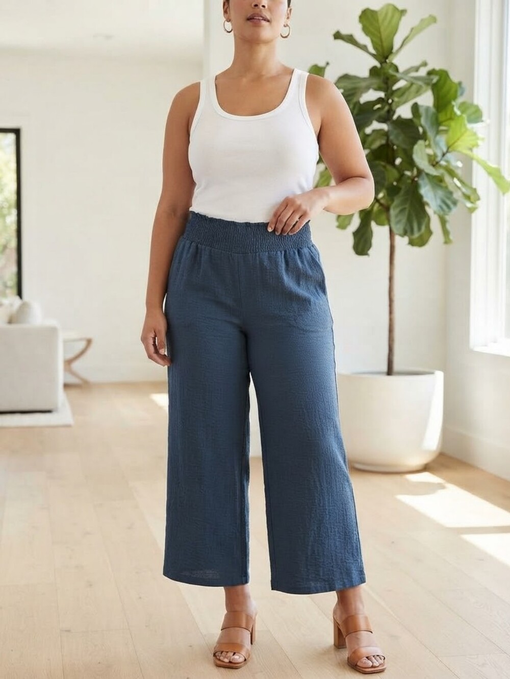 Wide-Leg Blue Pull-On Pants, Size Med, Elastic Waist, EUC